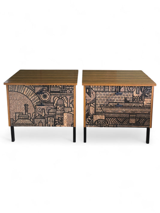 Vintage bedside tables covered with 'Hit the North' cork print | The Vintage Vibe